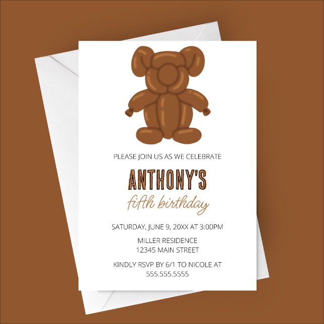 Invitación Fiesta de cumpleaños de animales con globo de oso (Brown Bear Balloon Animal Birthday Party Invitation)