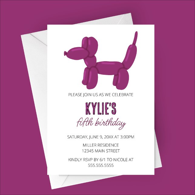 Invitación Fiesta de cumpleaños de animales con globo de perr (Purple Dog Balloon Animal Birthday Party Invitation)
