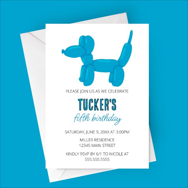 Invitación Fiesta de cumpleaños de animales con globo de perr (Blue Dog Balloon Animal Birthday Party Invitation)