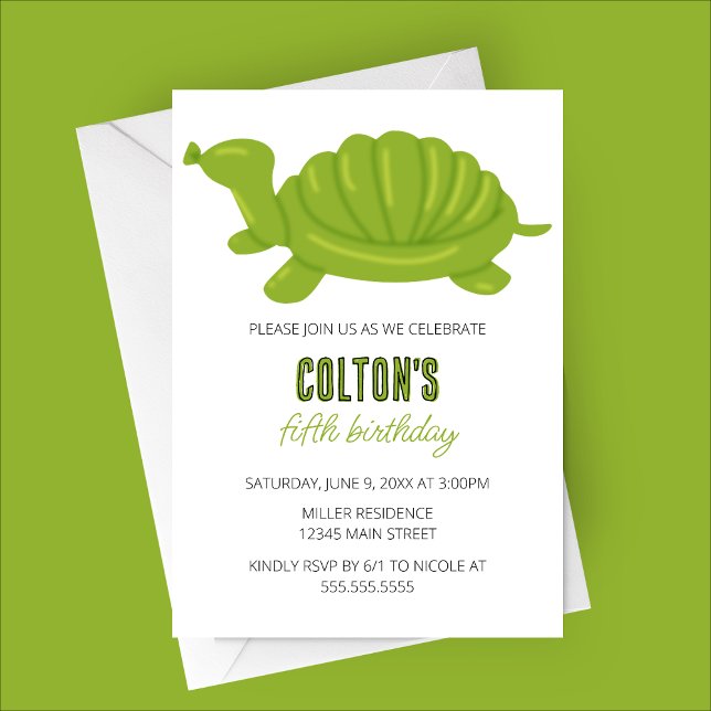 Invitación Fiesta de cumpleaños de animales con globo de tort (Green Turtle Balloon Animal Birthday Party Invitation)