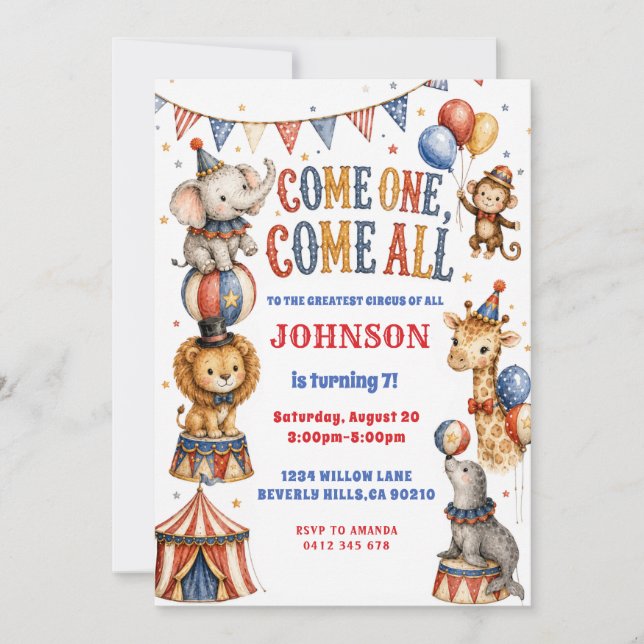 Invitación Fiesta de Cumpleaños de Animales de Circo al Acuar (Anverso)