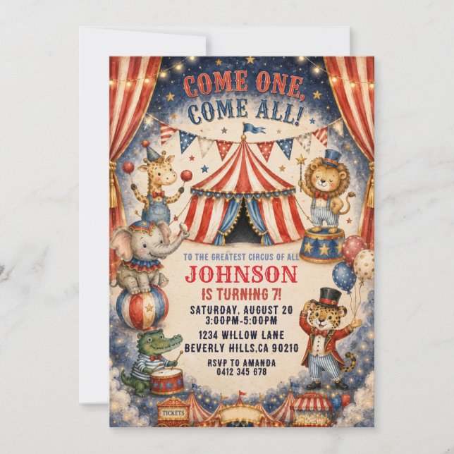 Invitación Fiesta de cumpleaños de animales de circo con acua (Anverso)