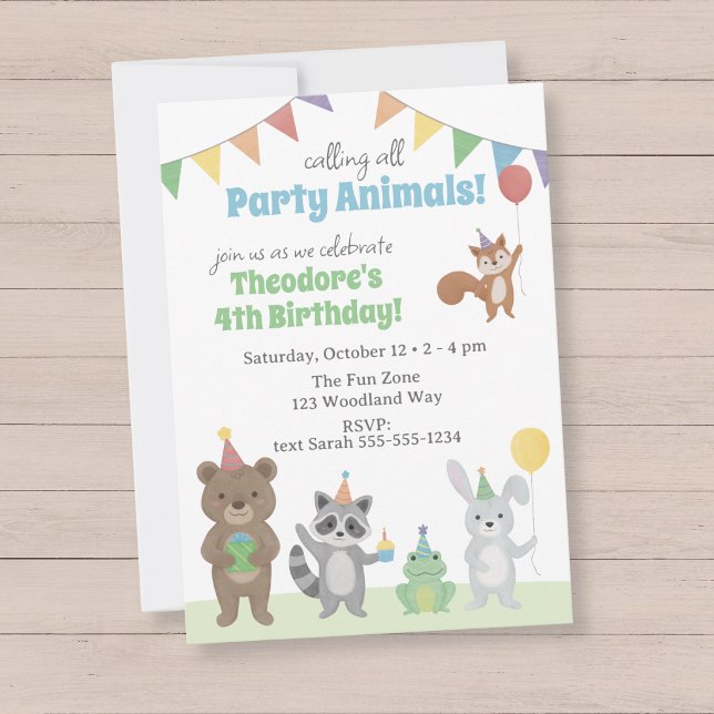 Invitación Fiesta de Cumpleaños de Animales de Fiesta (Party Animals Birthday Party Invitation with forest animals wearing party hats)