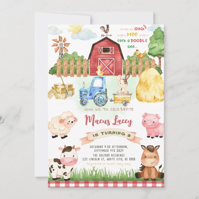Invitación Fiesta de cumpleaños de animales de granja (Anverso)