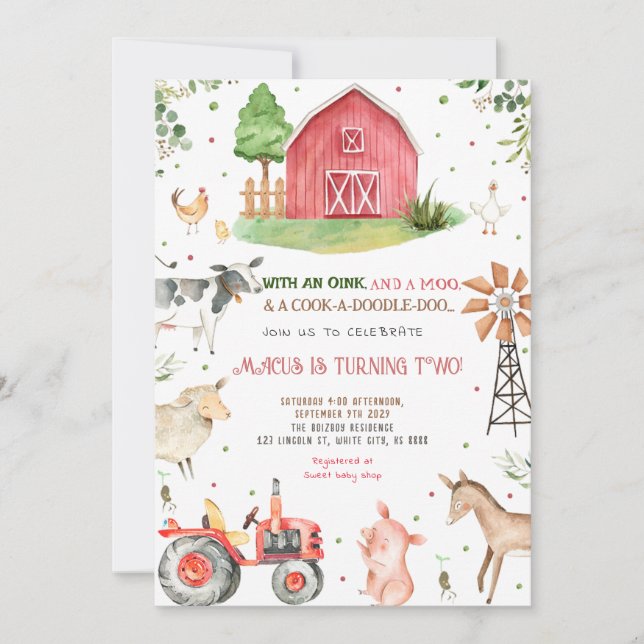 Invitación Fiesta de cumpleaños de animales de granja (Anverso)