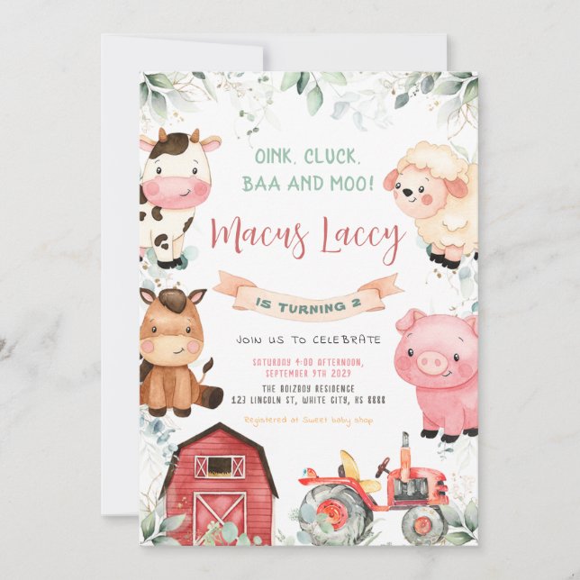 Invitación Fiesta de cumpleaños de animales de granja (Anverso)