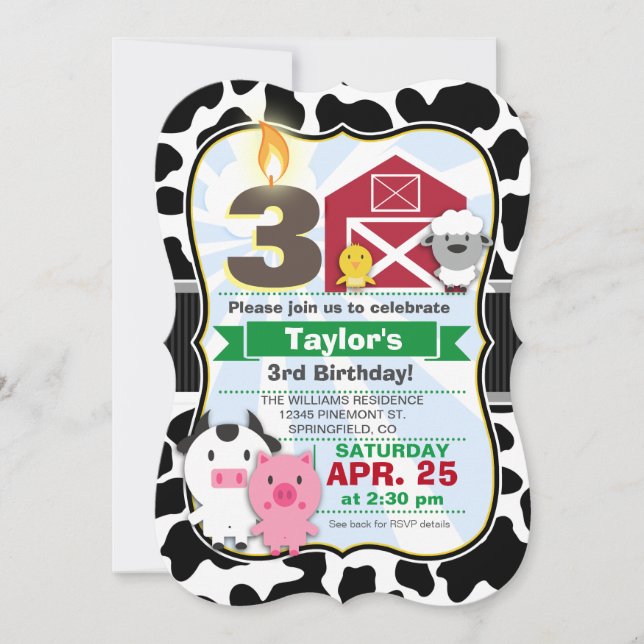 Invitación Fiesta de cumpleaños de animales de granja (Anverso)