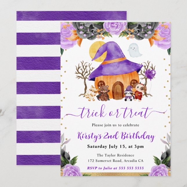 Invitación Fiesta de Cumpleaños de Animales de Halloween con  (Anverso / Reverso)