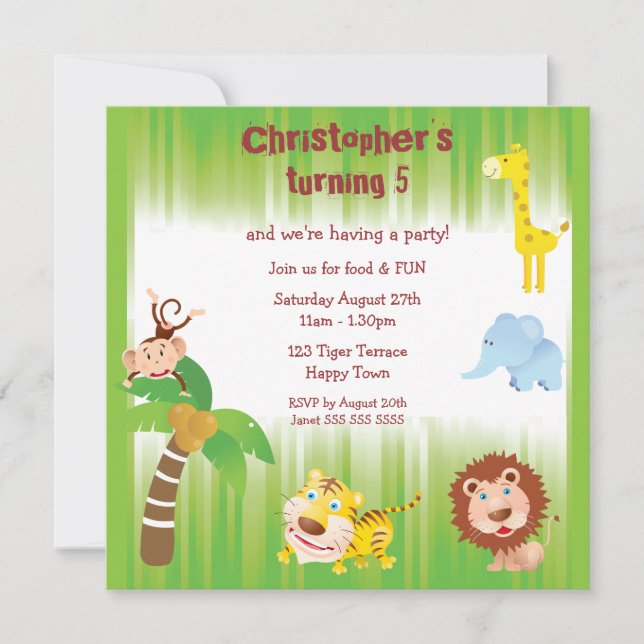 Invitación Fiesta de cumpleaños de animales de la jungla (Anverso)