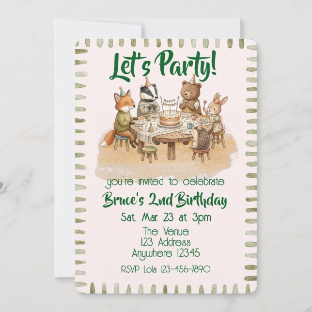 Invitación Fiesta de Cumpleaños de Animales del Bosque con Ac (Anverso)