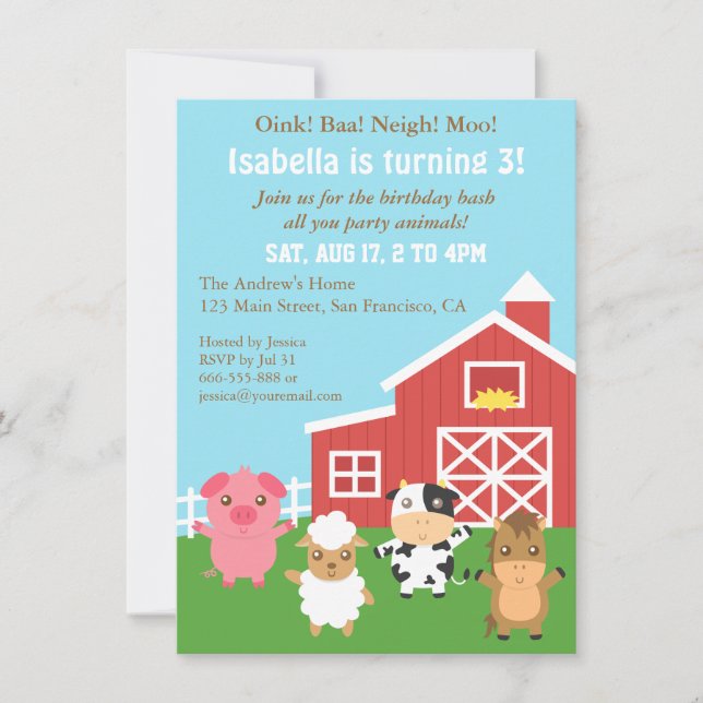 Invitación Fiesta de Cumpleaños de Animales del Granero de la (Anverso)