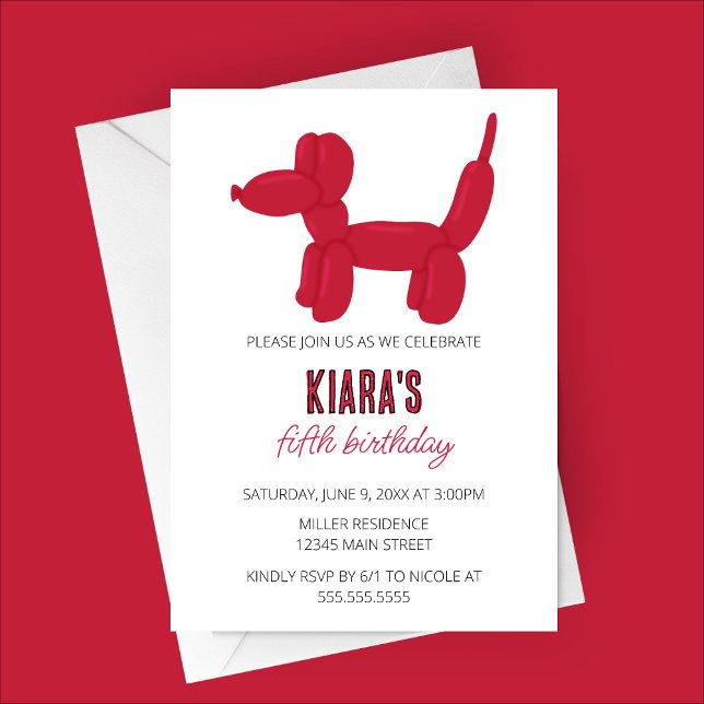 Invitación Fiesta de cumpleaños de animales en globo de perro (Red Dog Balloon Animal Birthday Party Invitation)