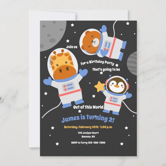 Invitación Fiesta de cumpleaños de animales espaciales (Anverso)