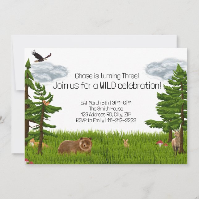 Invitación Fiesta de cumpleaños de animales forestales, cumpl (Anverso)