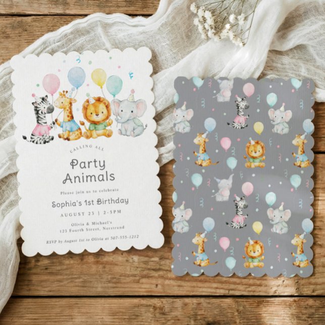 Invitación Fiesta de Cumpleaños de Animales para Bebés (Cute kids birthday invitation with elephant, lion, giraffe and zebra holding balloons)