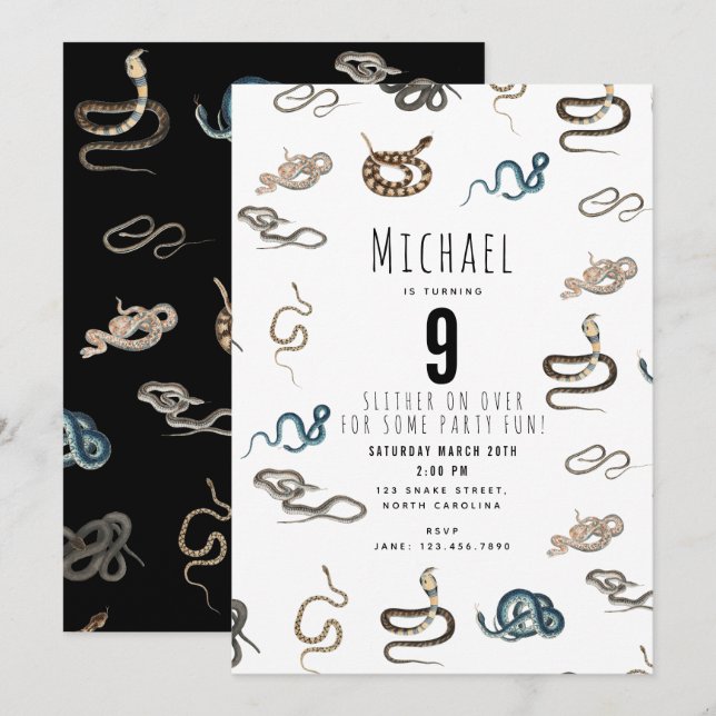 Invitación Fiesta de cumpleaños de animales Reptiles de Serpi (Anverso / Reverso)