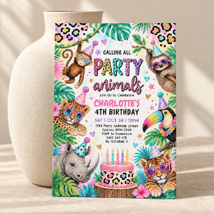Invitación Fiesta de Cumpleaños de Animales Safari Neon para 