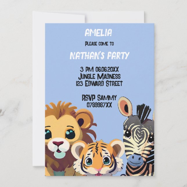 Invitación Fiesta de cumpleaños de animales salvajes personal (Anverso)