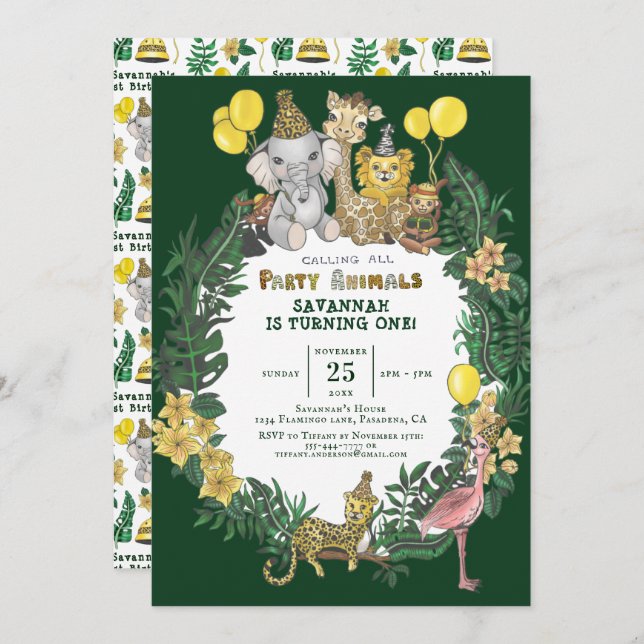 Invitación Fiesta de cumpleaños de animales salvajes verdes (Anverso / Reverso)