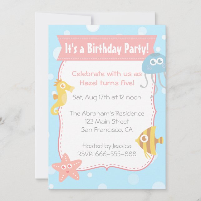 Invitación Fiesta de cumpleaños de animales submarinos lindos (Anverso)
