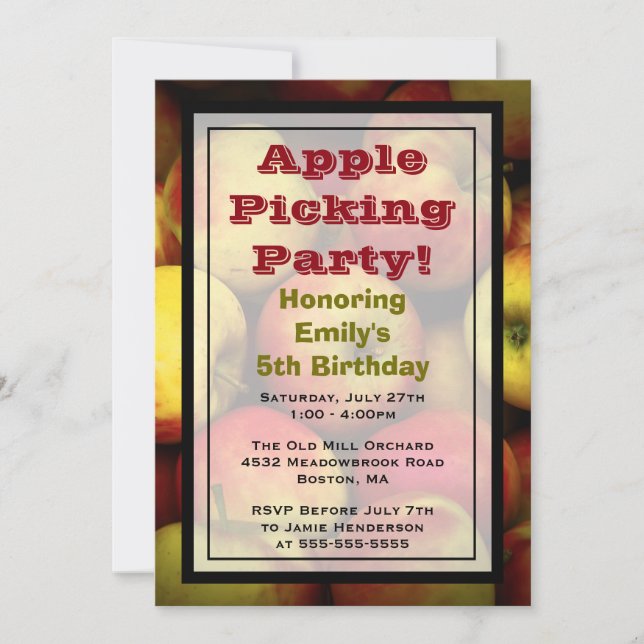 Invitación Fiesta de cumpleaños de Apple Picking (Anverso)