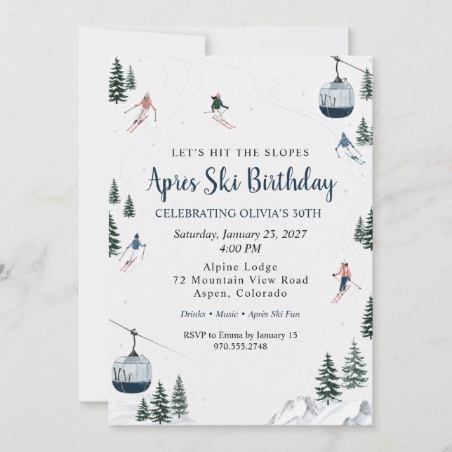Invitación Fiesta de cumpleaños de Après Ski con acuarela en  (Anverso)