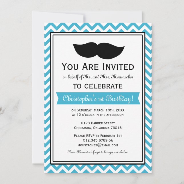Invitación Fiesta de cumpleaños de Aqua Blue Boy Mustache Che (Anverso)