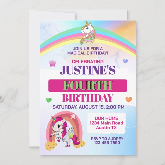 Invitación Fiesta de cumpleaños de arcoíris y unicornio lindo (Anverso)