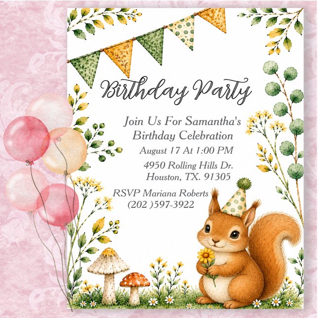 Invitación Fiesta de cumpleaños de ardilla género neutral (Subido por el creador)