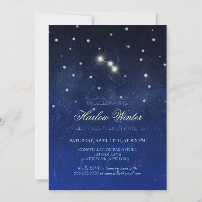 Invitación Fiesta de cumpleaños de Aries Constellation (Anverso)