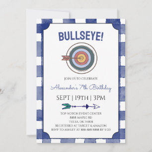 Invitación Fiesta de Cumpleaños de Arquería con Cuadros Azule