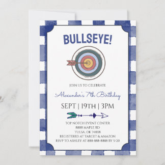 Invitación Fiesta de Cumpleaños de Arquería con Cuadros Azule