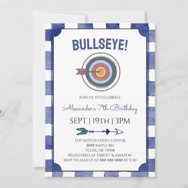 Invitación Fiesta de Cumpleaños de Arquería con Cuadros Azule (Anverso)