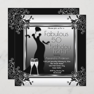 Invitación Fiesta de cumpleaños de Art Deco Lady Black White 