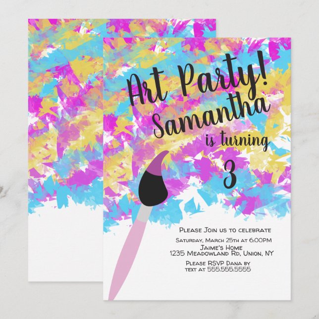 Invitación Fiesta de Cumpleaños de Arte Abstracto Splash (Anverso / Reverso)