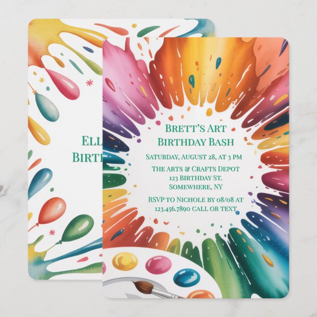 Invitación Fiesta de Cumpleaños de Arte Color Splash (Anverso / Reverso)