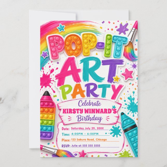 Invitación Fiesta de Cumpleaños de Arte Pop-It (Anverso)