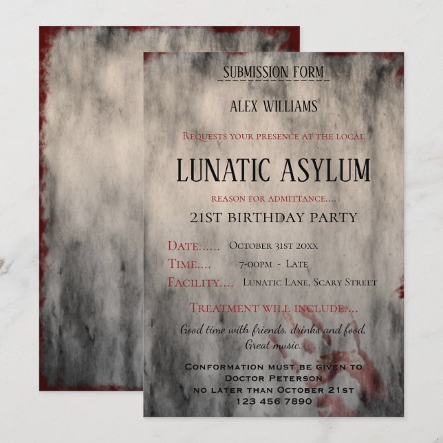 Invitación Fiesta de cumpleaños de asilo lunático (Anverso / Reverso)