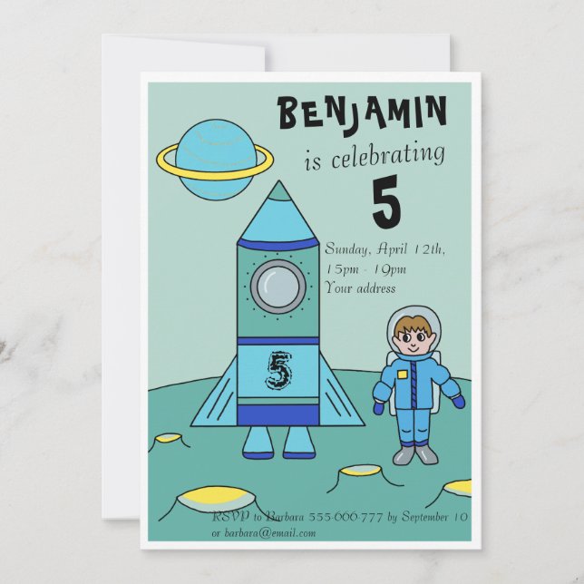 Invitación Fiesta de Cumpleaños de Astronauta en la Luna para (Anverso)