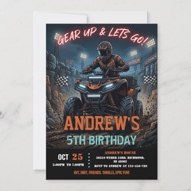 Invitación Fiesta de cumpleaños de ATV de 4 ruedas personaliz (Anverso)