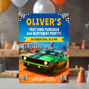 Invitación Fiesta de Cumpleaños de Auto de Carreras con Muscl