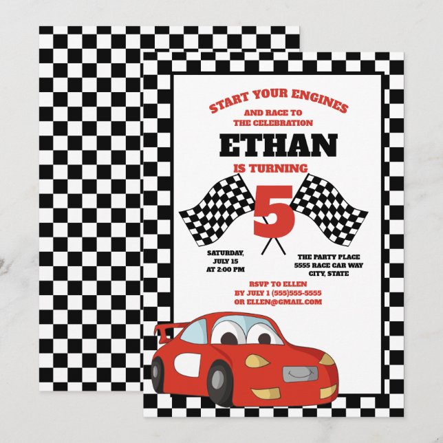 Invitación Fiesta de Cumpleaños de Auto de Carreras Rojo Cuad (Anverso / Reverso)