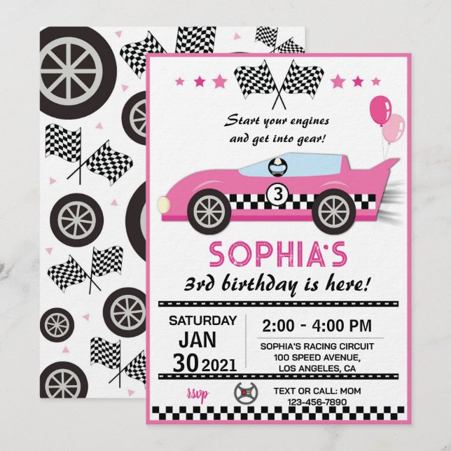 Invitación Fiesta de Cumpleaños de Auto de Carreras Rosa (Anverso / Reverso)