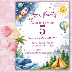 Invitación Fiesta de cumpleaños de aventura acuarela capricho
