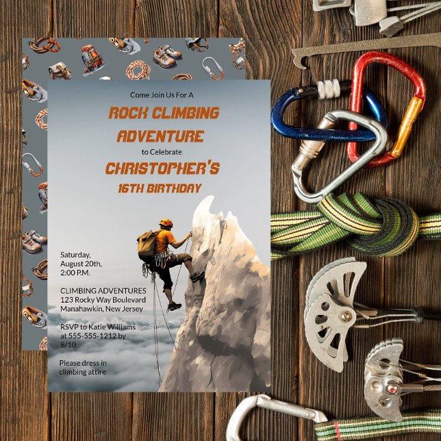 Invitación Fiesta de cumpleaños de aventura de escalada de ro (Rustic Rock Climbing Adventure Birthday Party Invitation -- Preteens to Adult)