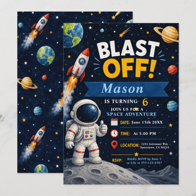 Invitación Fiesta de cumpleaños de aventura espacial (Anverso / Reverso)