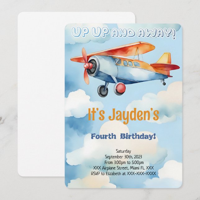 Invitación Fiesta de Cumpleaños de Avión Editable (Anverso / Reverso)