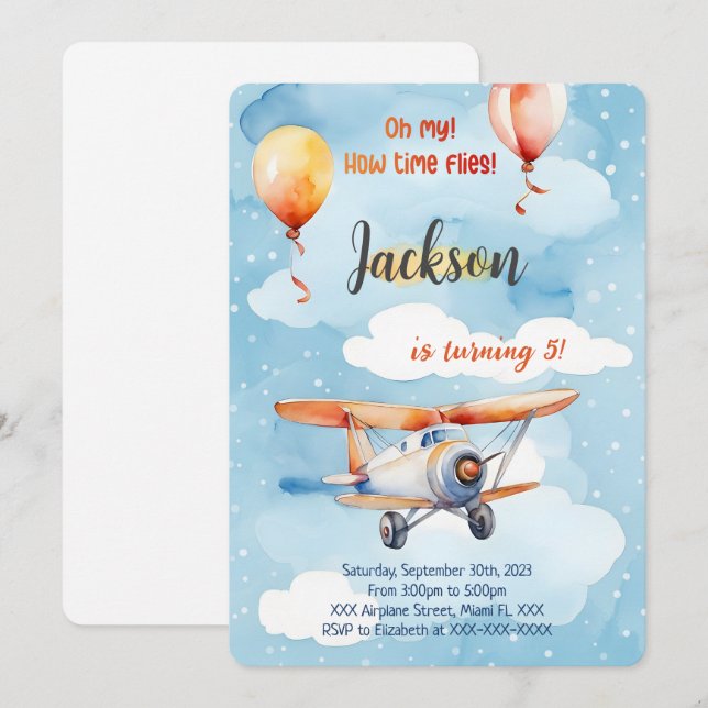 Invitación Fiesta de Cumpleaños de Avión para Niño (Anverso / Reverso)