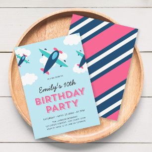 Invitación Fiesta de cumpleaños de avión rosa, azul y Verde a