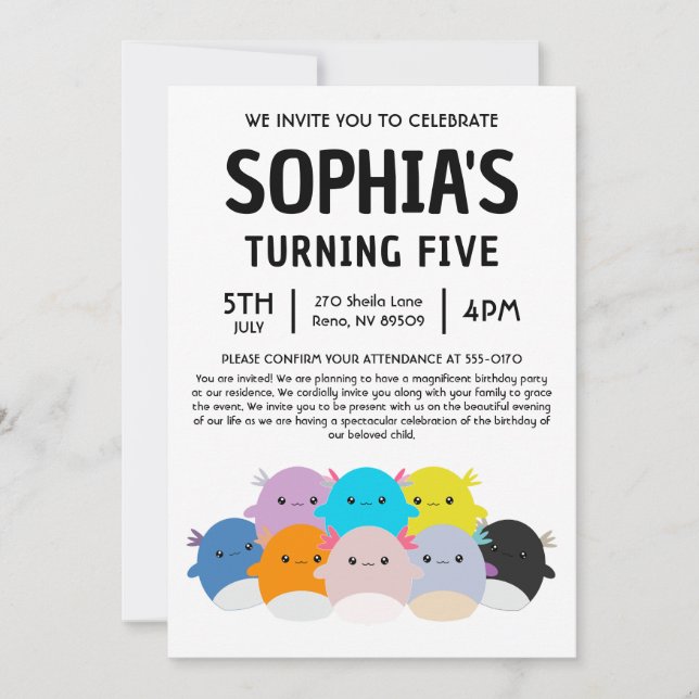 Invitación Fiesta de cumpleaños de Axolotl Squishmallow (Anverso)